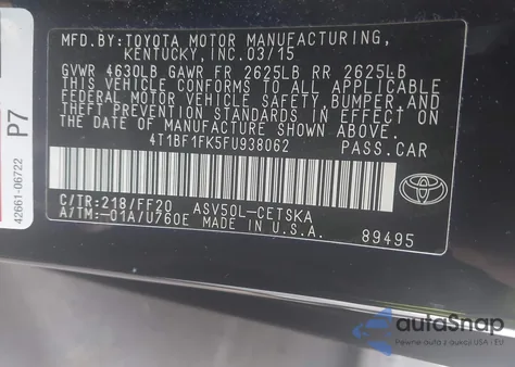 2015 Toyota Camry Se from USA, damaged, VIN 4T1BF1FK5FU938062